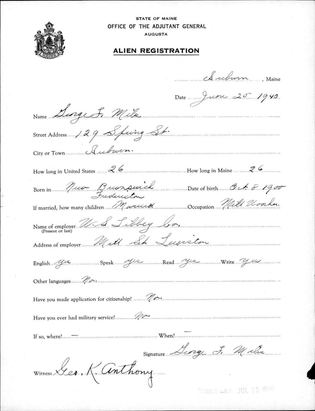 Miniature of Alien Registration- Miles, George F. (Auburn, Androscoggin County)