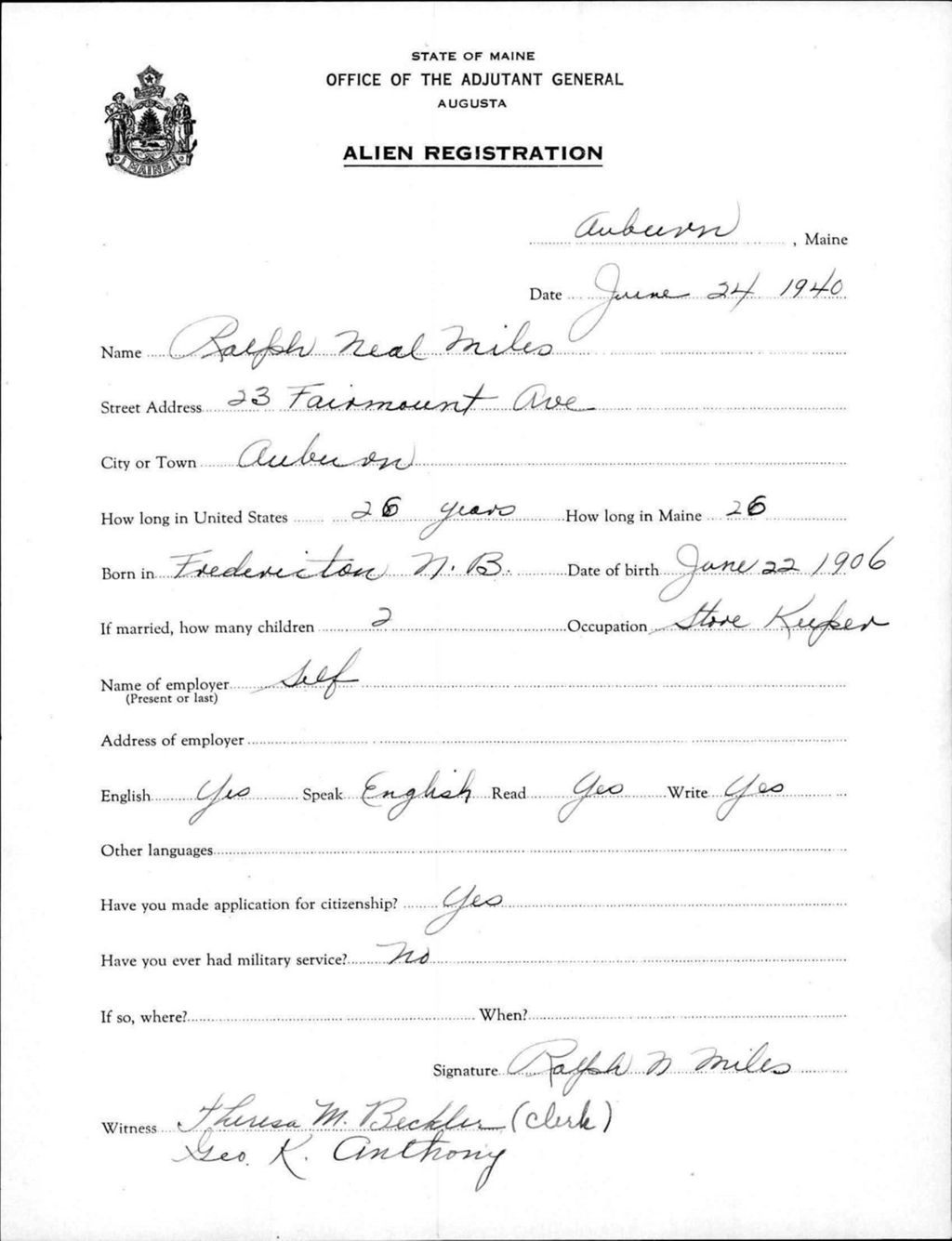 Miniature of Alien Registration- Miles, Ralph N. (Auburn, Androscoggin County)