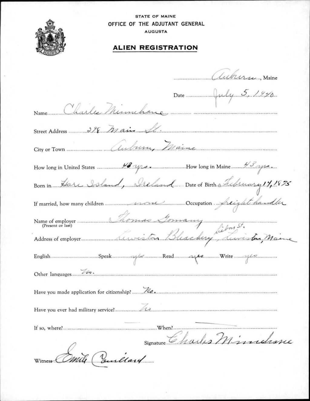 Miniature of Alien Registration- Minnehane, Charles (Auburn, Androscoggin County)