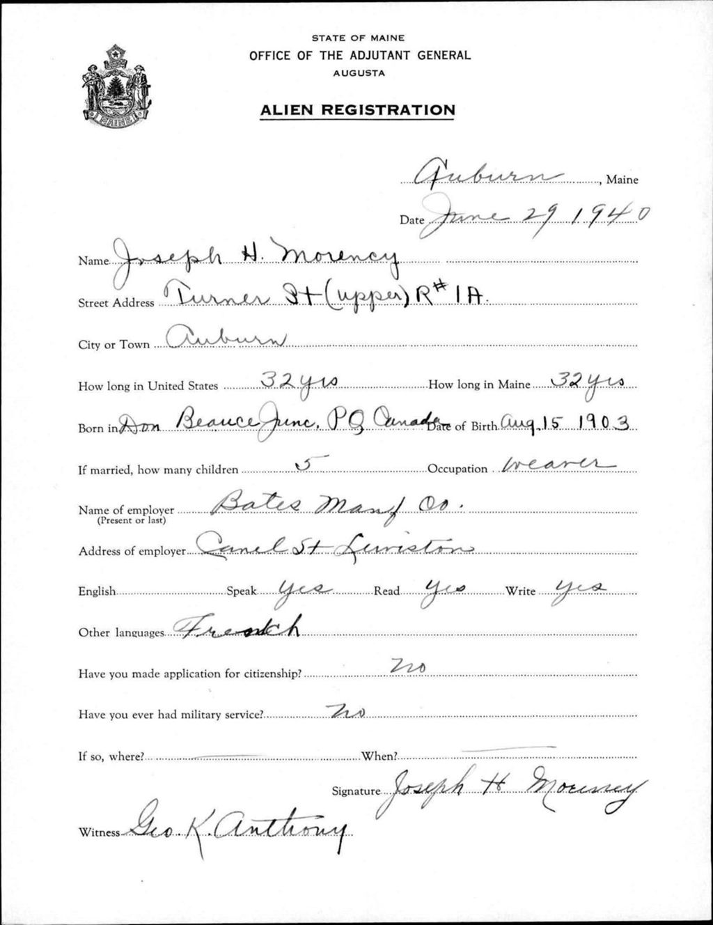 Miniature of Alien Registration- Morency, Joseph H. (Auburn, Androscoggin County)