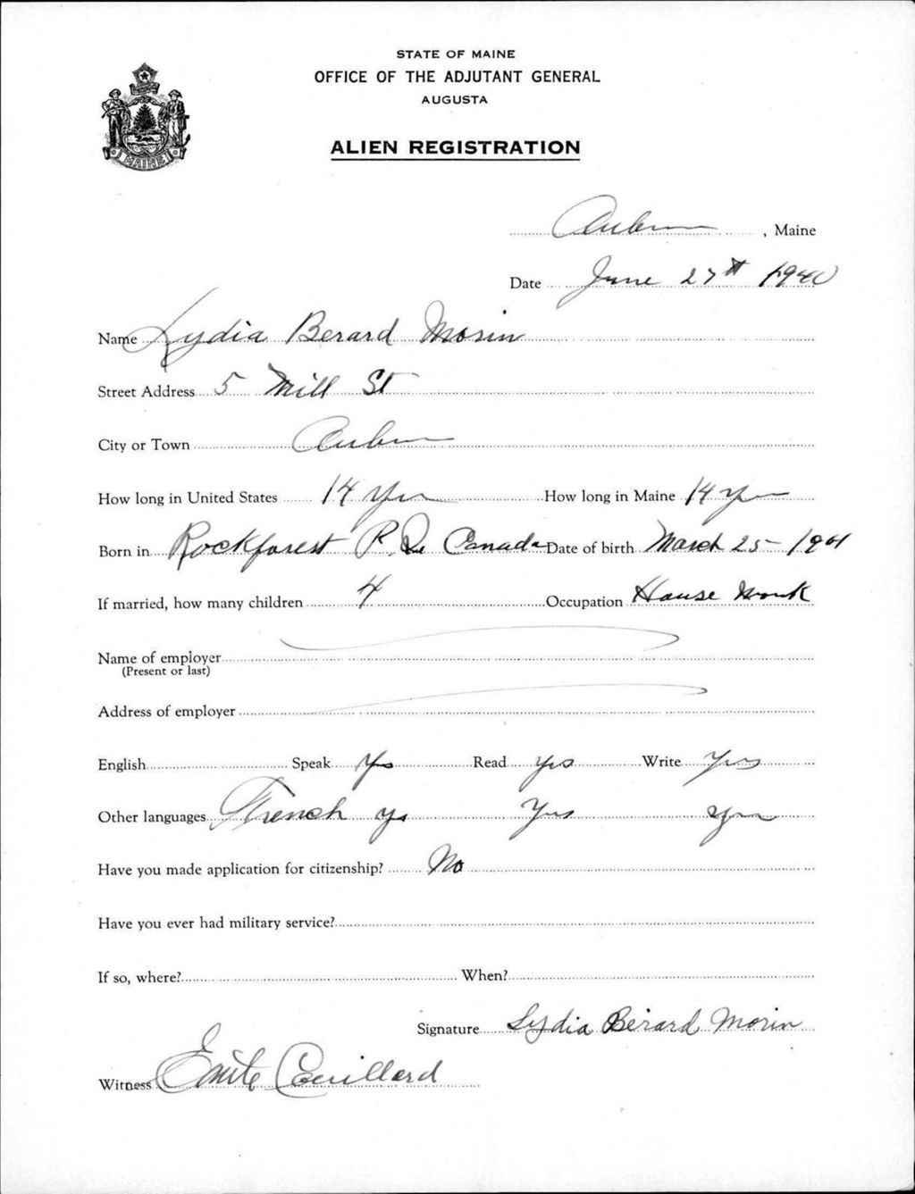 Miniature of Alien Registration- Berard, Lydia (Auburn, Androscoggin County)