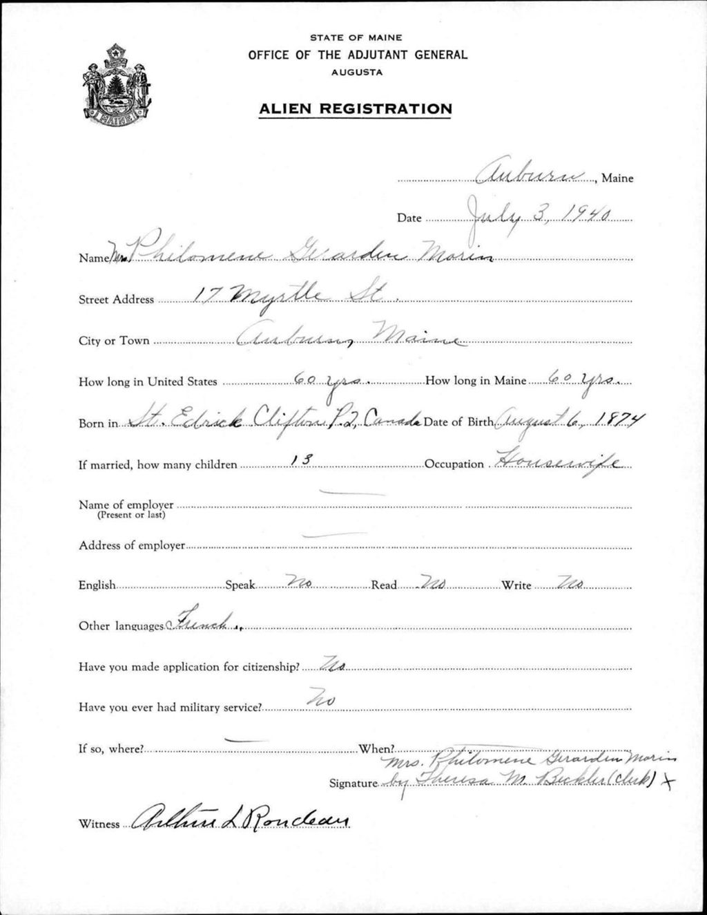Miniature of Alien Registration- Gerarden, Philonene (Auburn, Androscoggin County)