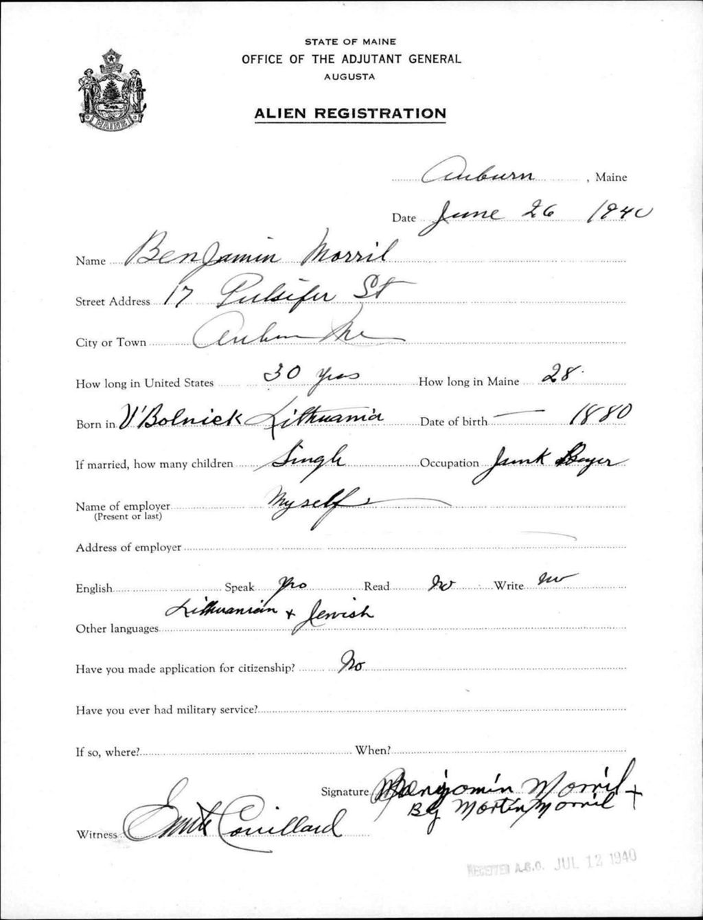 Miniature of Alien Registration- Morrill, Benjamin (Auburn, Androscoggin County)
