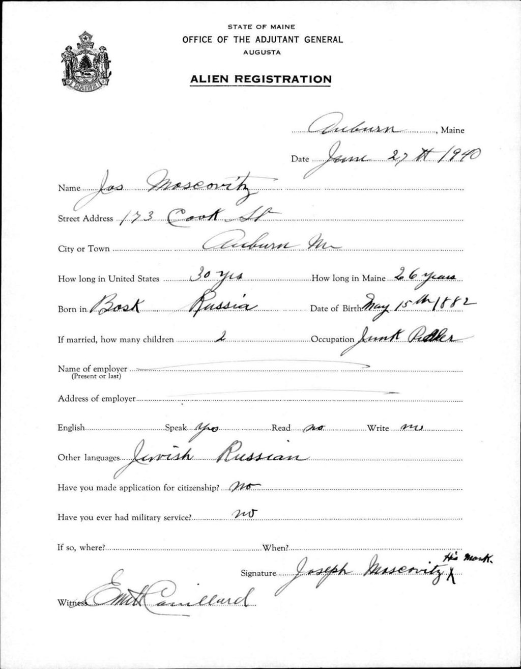 Miniature of Alien Registration- Moscovitz, Joseph (Auburn, Androscoggin County)