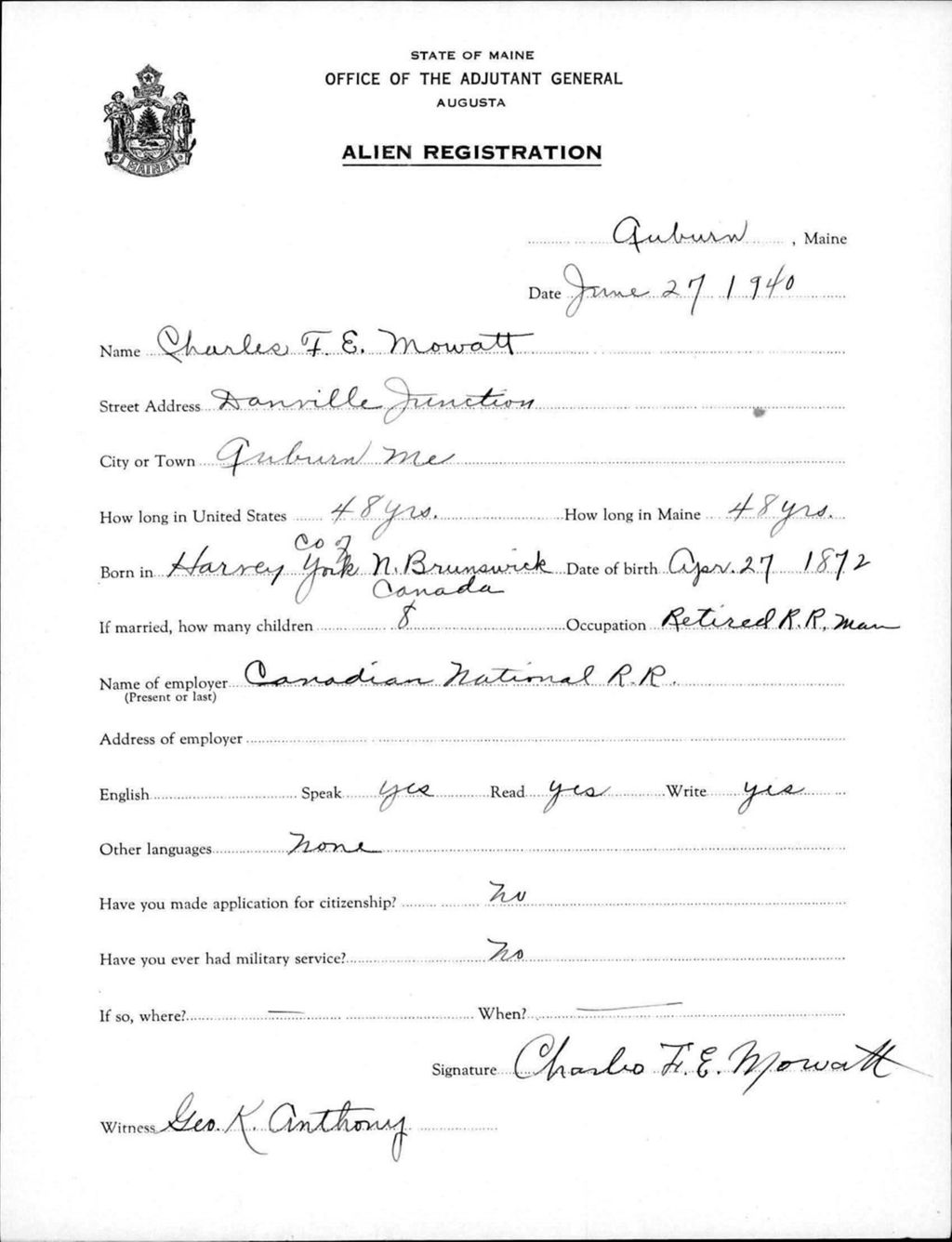 Miniature of Alien Registration- Mowatt, Charles F E. (Auburn, Androscoggin County)