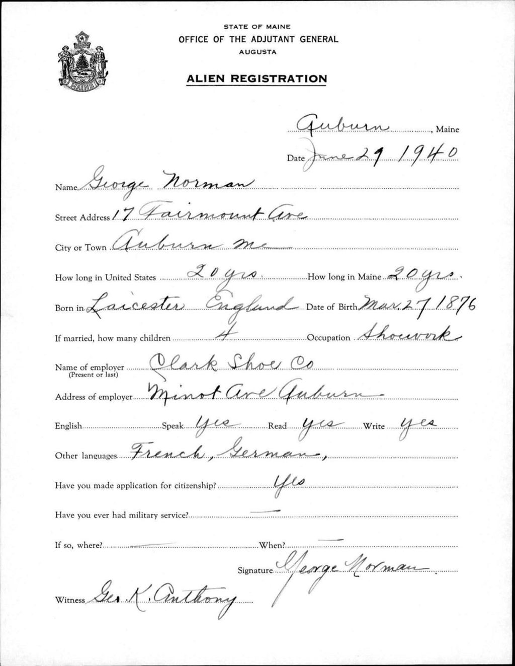 Miniature of Alien Registration- Norman, George (Auburn, Androscoggin County)