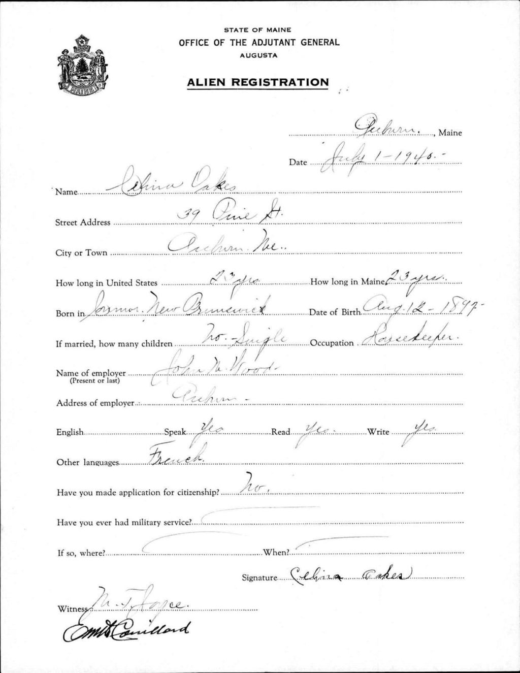 Miniature of Alien Registration- Oakes, Celina (Auburn, Androscoggin County)