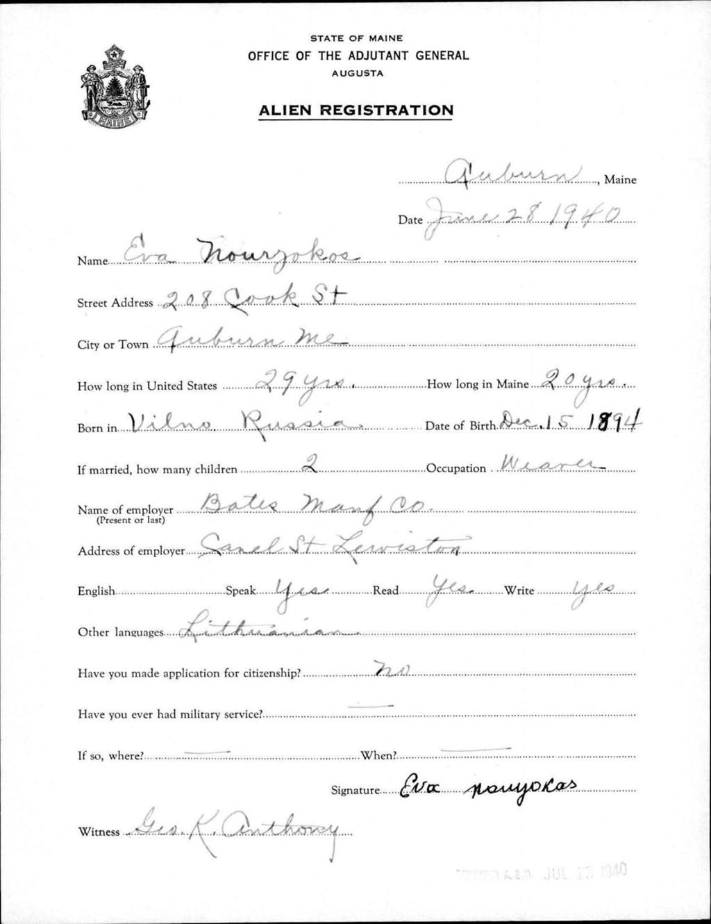 Miniature of Alien Registration- Nourzokos, Eva (Auburn, Androscoggin County)