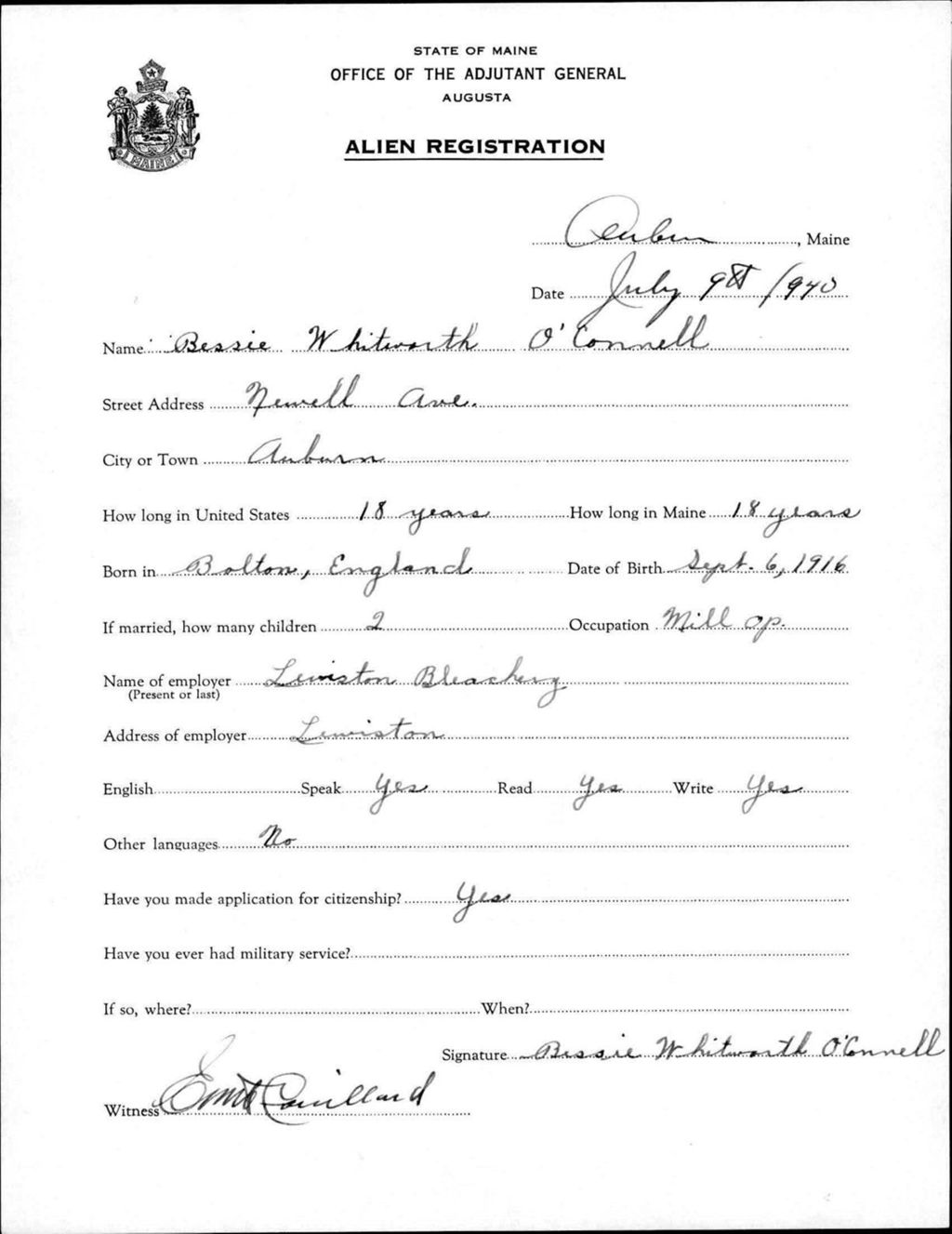 Miniature of Alien Registration- Whitworth, Bessie (Auburn, Androscoggin County)