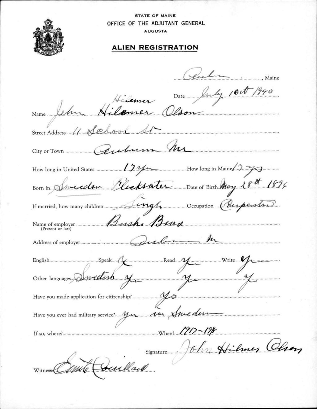 Miniature of Alien Registration- Olson, John H. (Auburn, Androscoggin County)