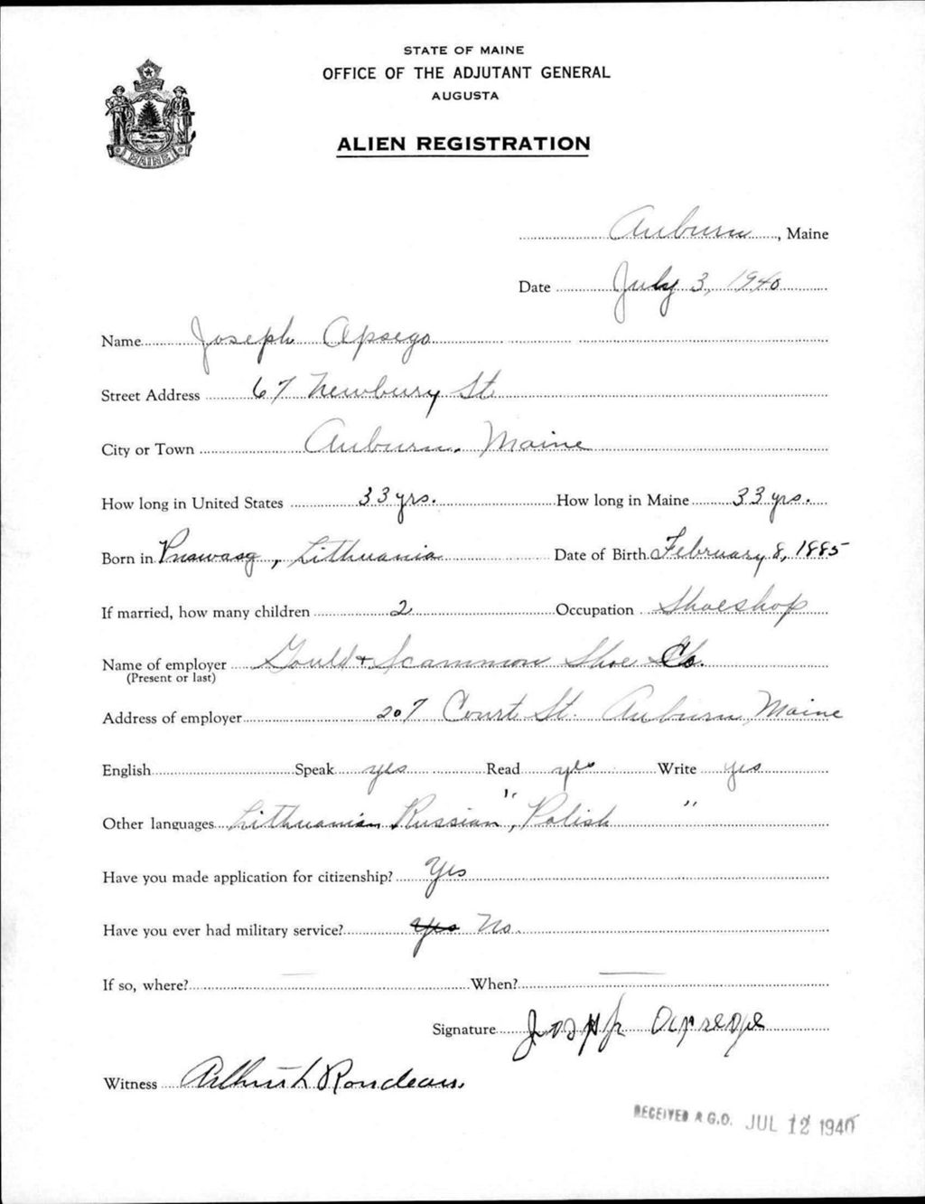 Miniature of Alien Registration- Opsego, Joseph (Auburn, Androscoggin County)