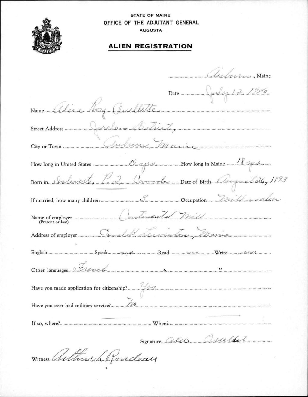 Miniature of Alien Registration- Roy, Alice (Auburn, Androscoggin County)