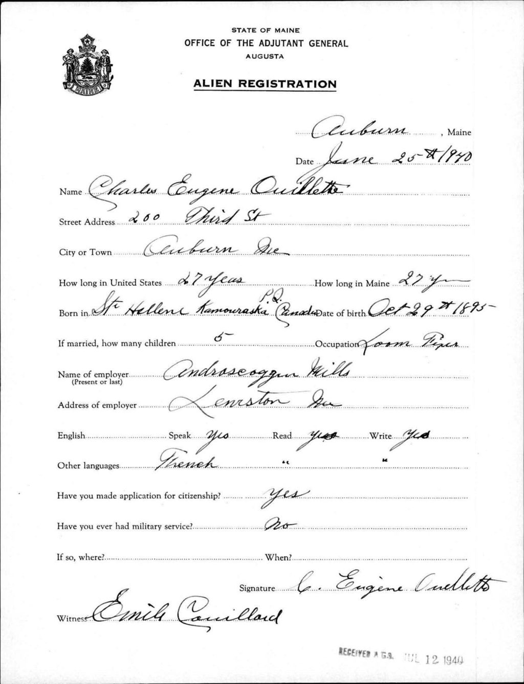 Miniature of Alien Registration- Ouellette, Charles E. (Auburn, Androscoggin County)