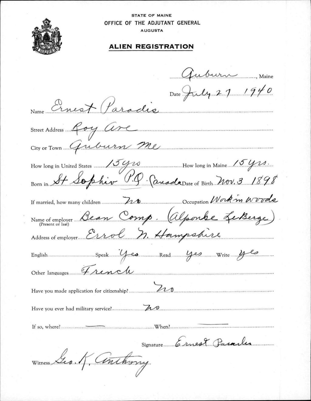 Miniature of Alien Registration- Paradis, Ernest (Auburn, Androscoggin County)