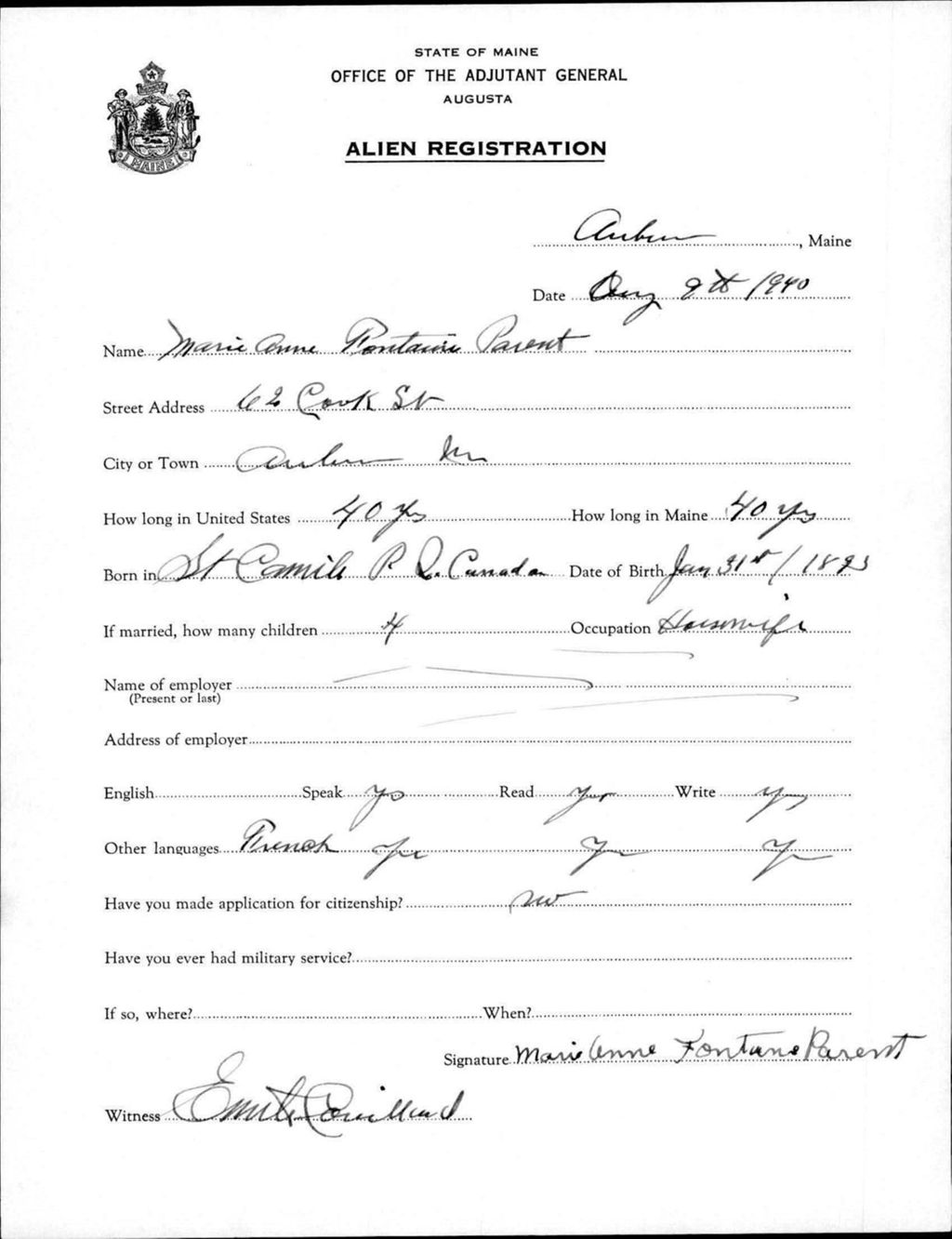 Miniature of Alien Registration- Fontaine, Marie Anne (Auburn, Androscoggin County)