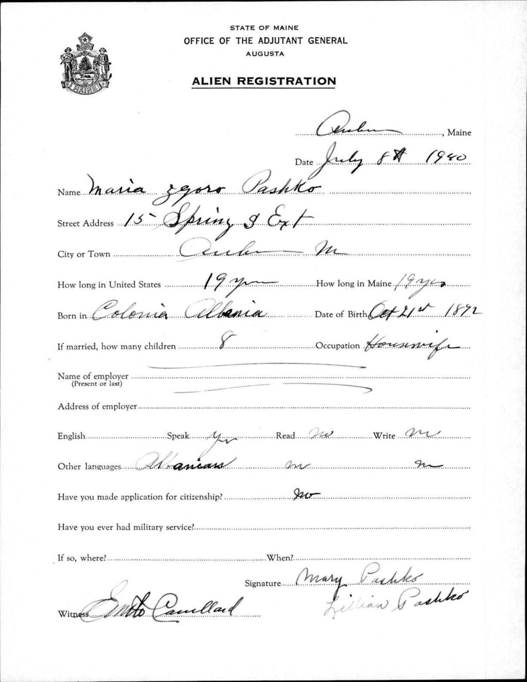 Miniature of Alien Registration- Zgoro, Maria (Auburn, Androscoggin County)