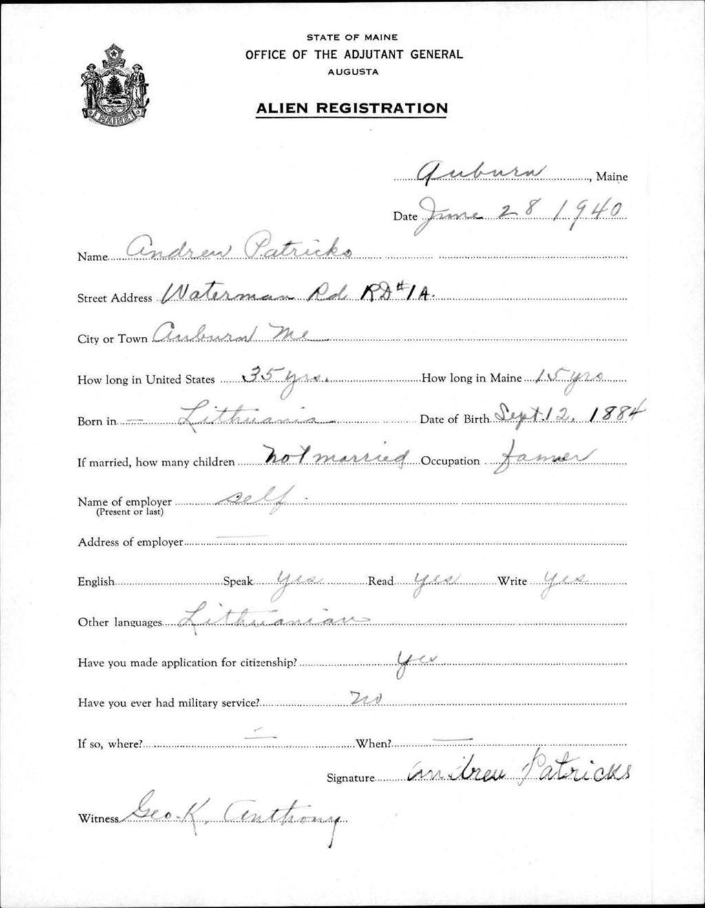 Miniature of Alien Registration- Patricks, Andrew (Auburn, Androscoggin County)