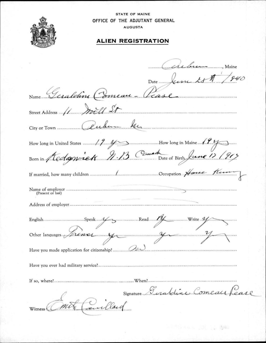 Miniature of Alien Registration- Comeau, Geraldine (Auburn, Androscoggin County)