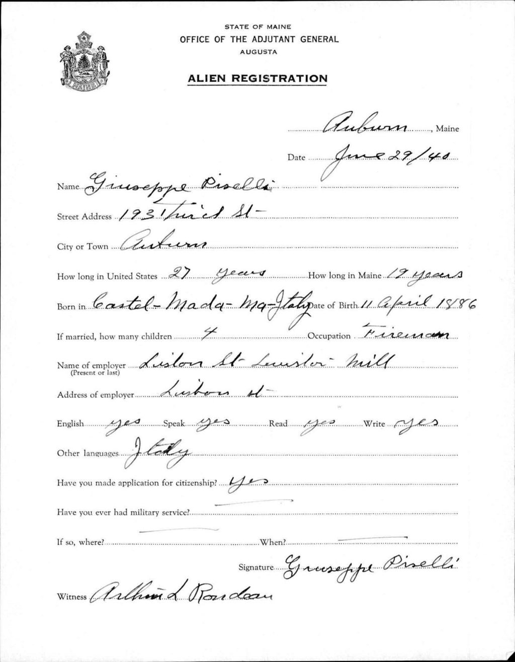 Miniature of Alien Registration- Piselli, Giuseppe (Auburn, Androscoggin County)