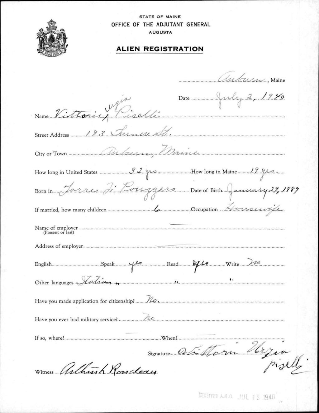 Miniature of Alien Registration- Urpia, Vittoria (Auburn, Androscoggin County)