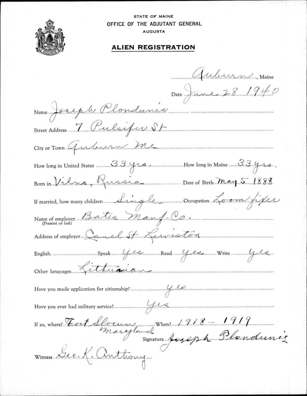 Miniature of Alien Registration- Plondunis, Joseph (Auburn, Androscoggin County)