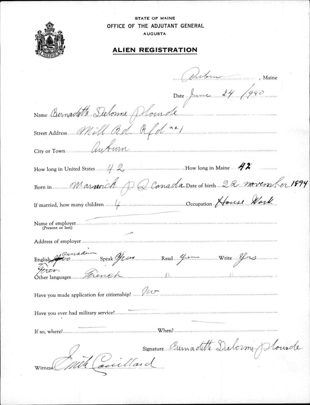 Miniature of Alien Registration- Delorme, Bernadette (Auburn, Androscoggin County)