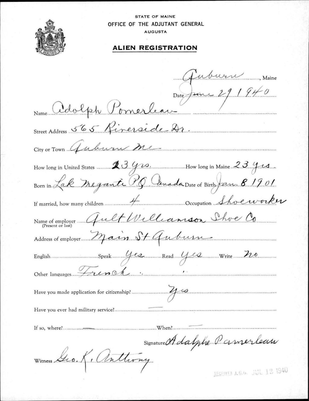 Miniature of Alien Registration- Pomerleau, Adolph (Auburn, Androscoggin County)