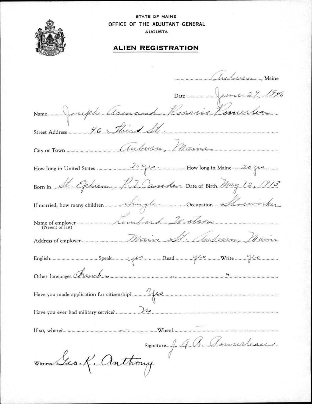 Miniature of Alien Registration- Pomerleau, Joseph Armand R. (Auburn, Androscoggin County)