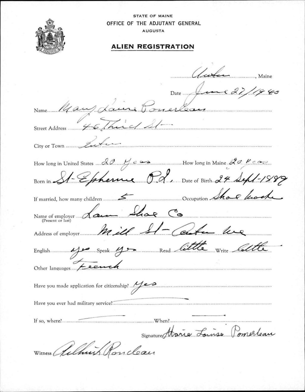 Miniature of Alien Registration- Pomerleau, Mary L. (Auburn, Androscoggin County)