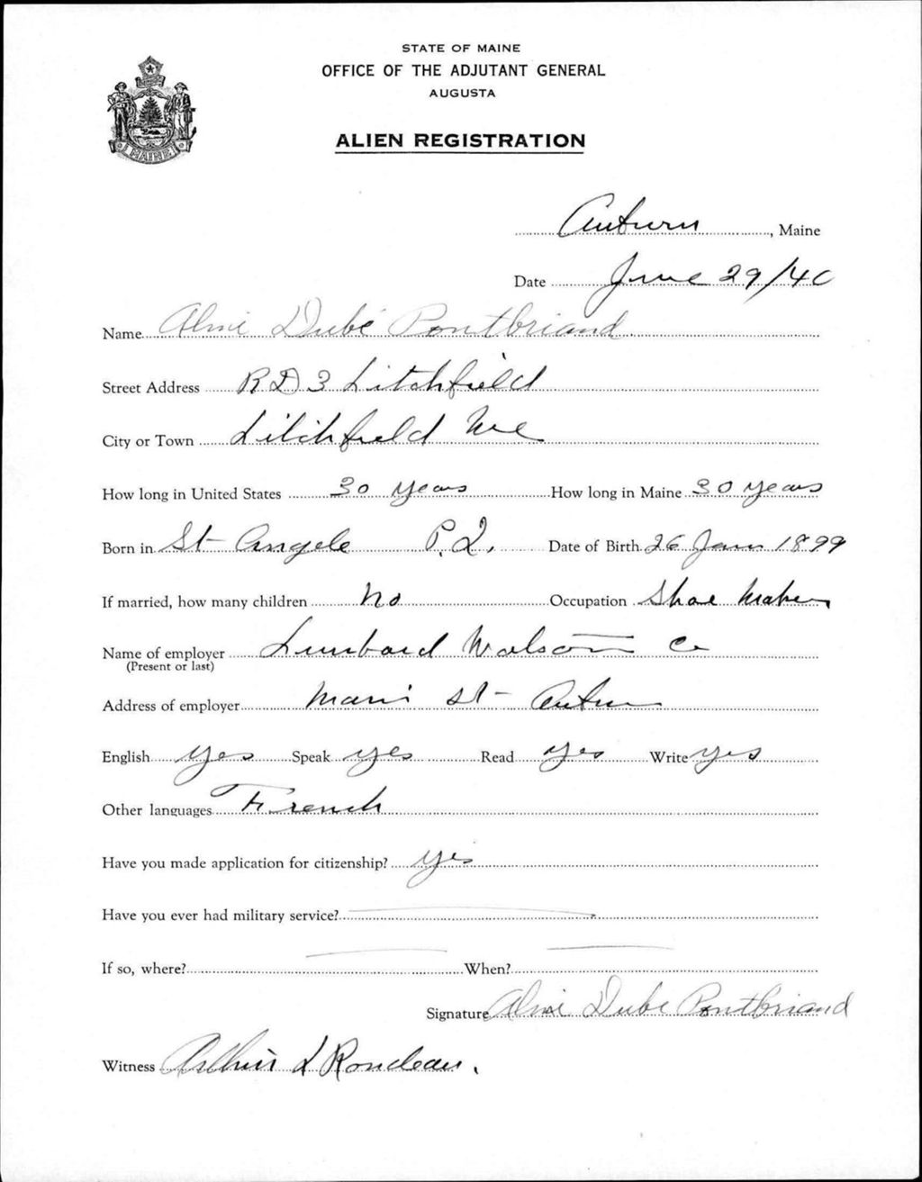 Miniature of Alien Registration- Pontbriand, Aline D. (Auburn, Androscoggin County)