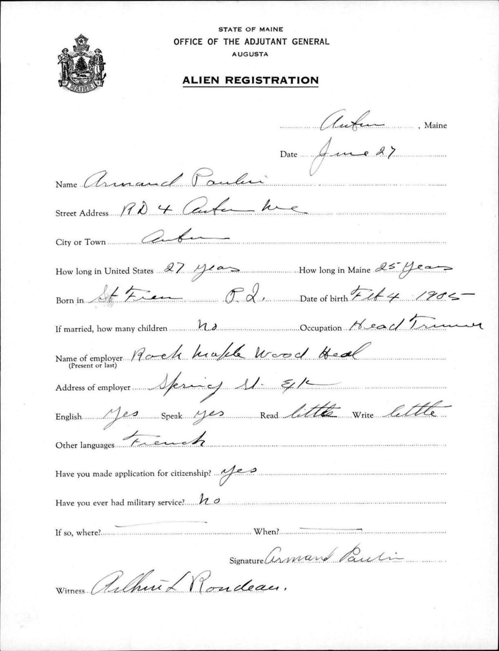 Miniature of Alien Registration- Poulin, Armand (Auburn, Androscoggin County)