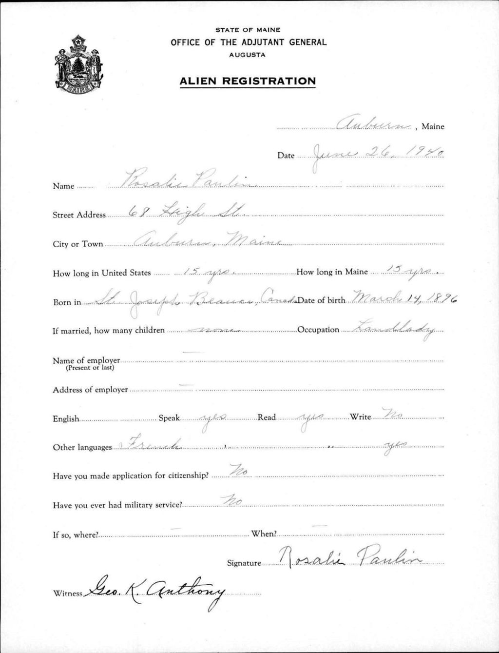 Miniature of Alien Registration- Poulin, Rosalie (Auburn, Androscoggin County)