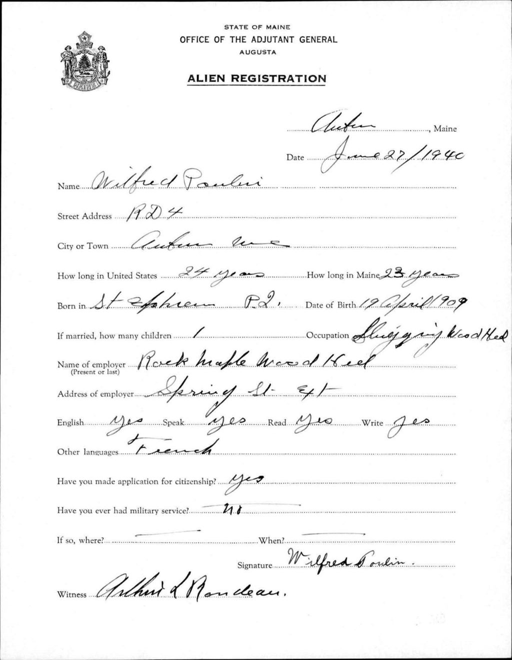 Miniature of Alien Registration- Poulin, Wilfred (Auburn, Androscoggin County)