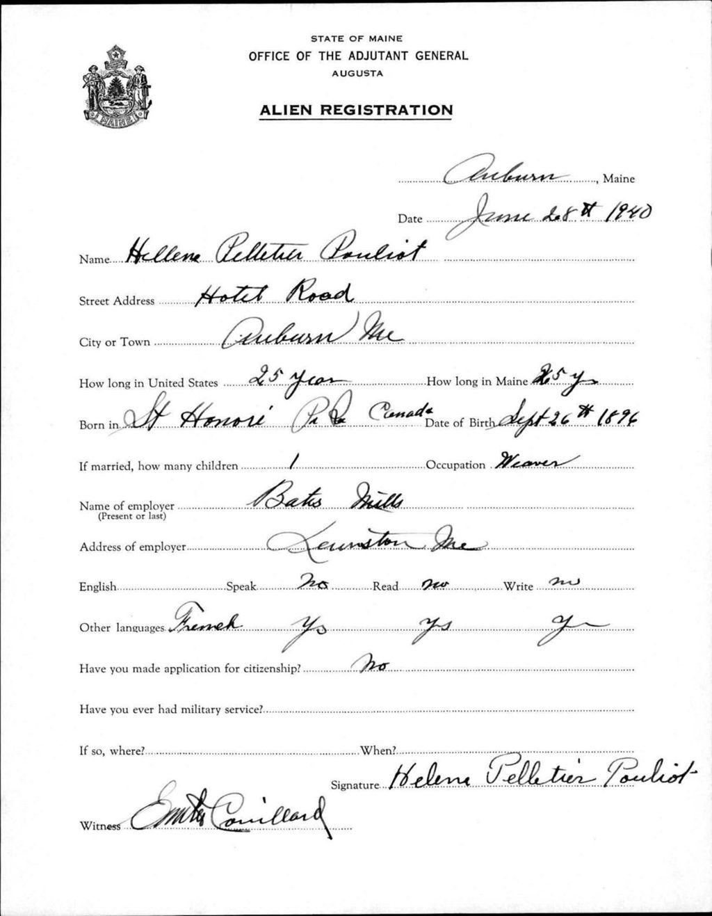 Miniature of Alien Registration- Pelletier, Hellene (Auburn, Androscoggin County)