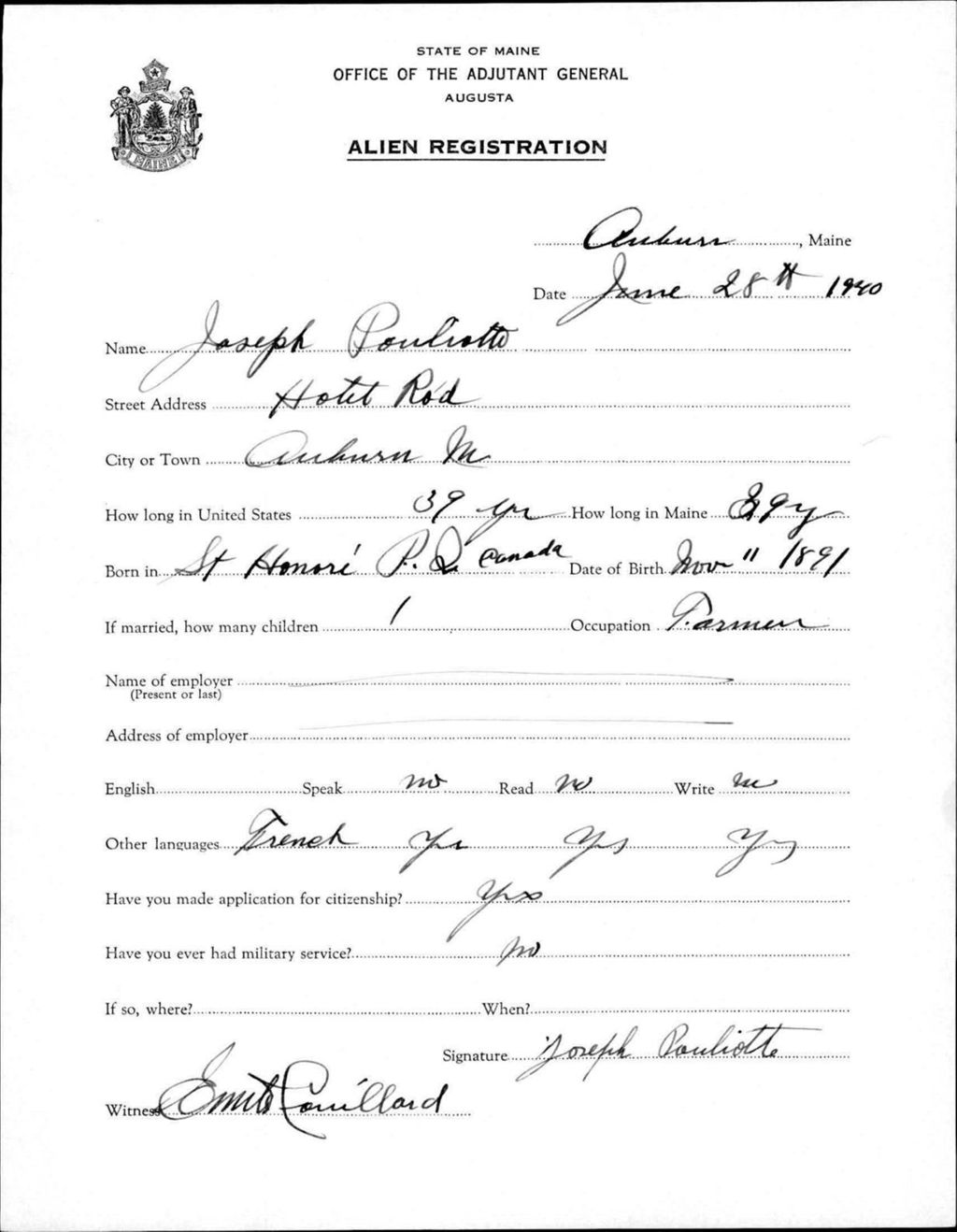 Miniature of Alien Registration- Pouliotte, Joseph (Auburn, Androscoggin County)