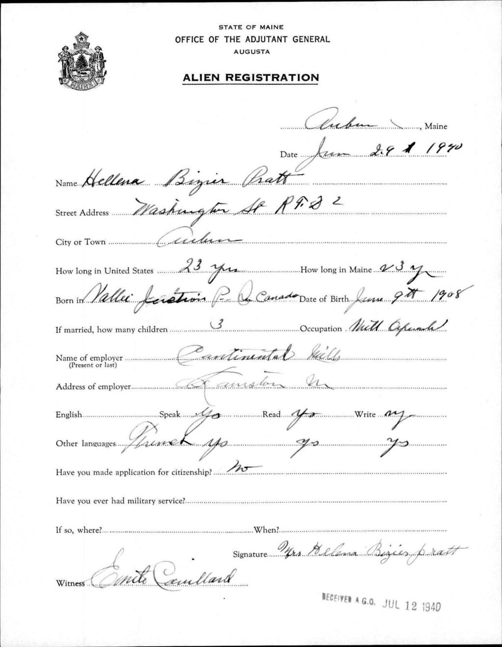 Miniature of Alien Registration- Bizier, Hellena (Auburn, Androscoggin County)