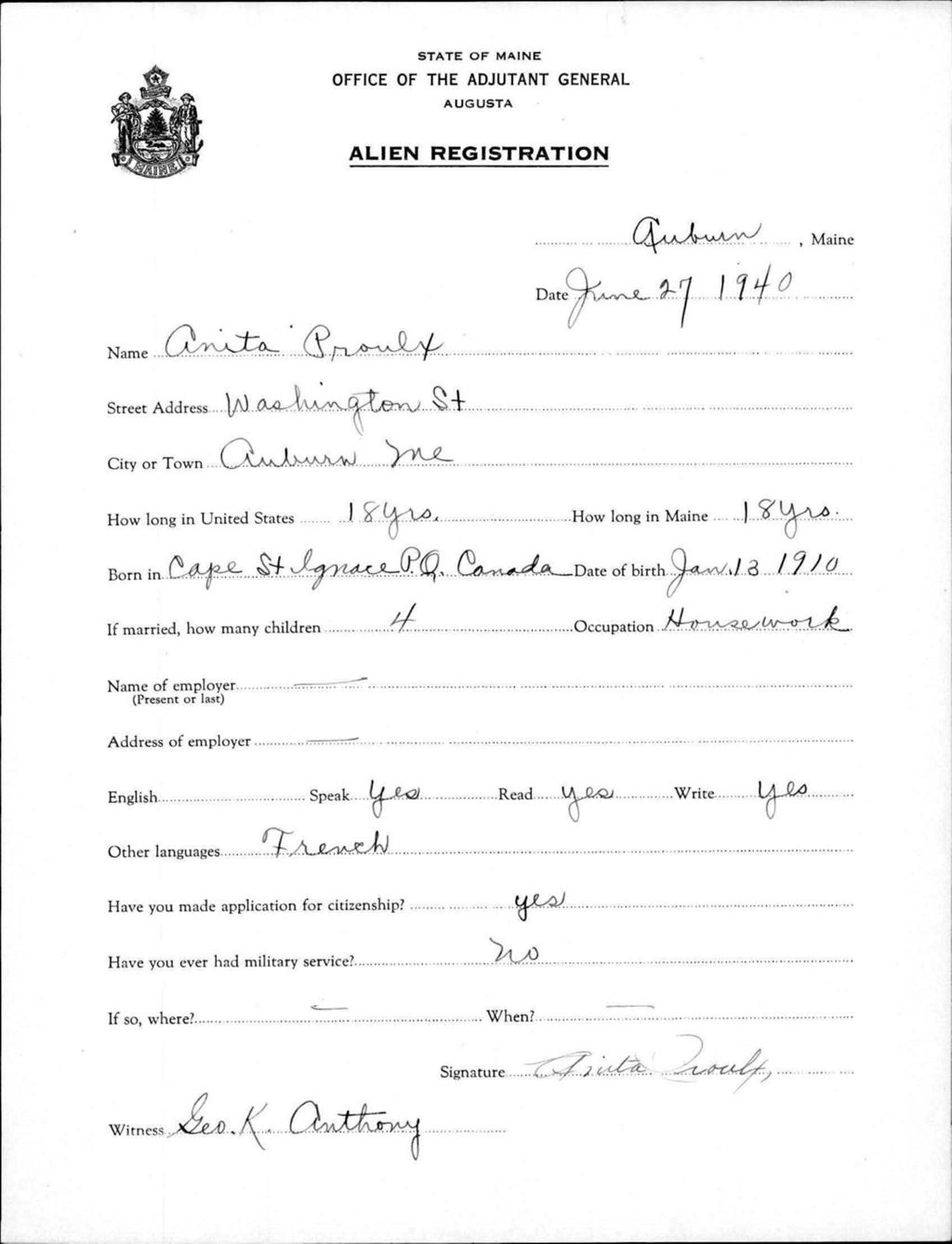 Miniature of Alien Registration- Proulx, Anita (Auburn, Androscoggin County)