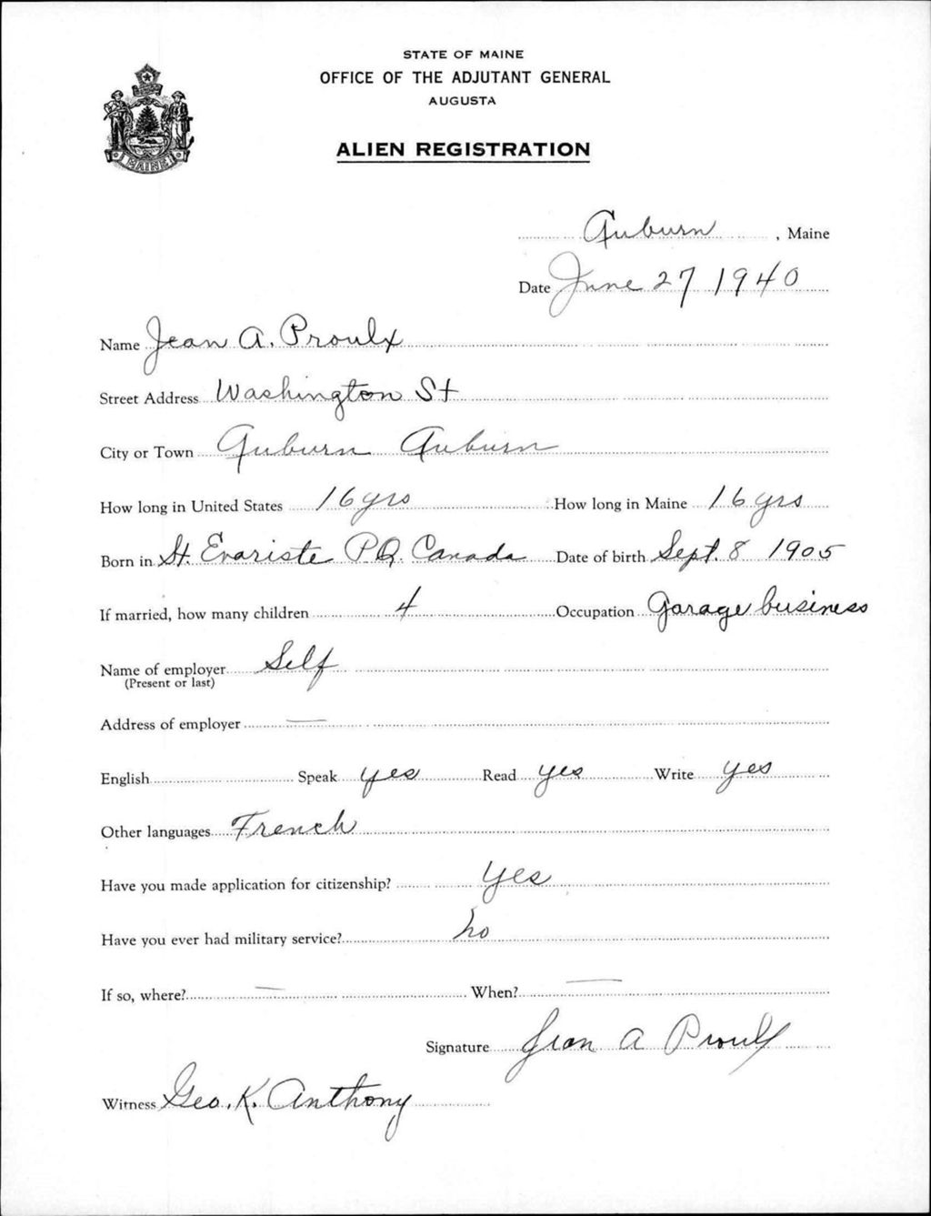 Miniature of Alien Registration- Proulx, Jean A. (Auburn, Androscoggin County)