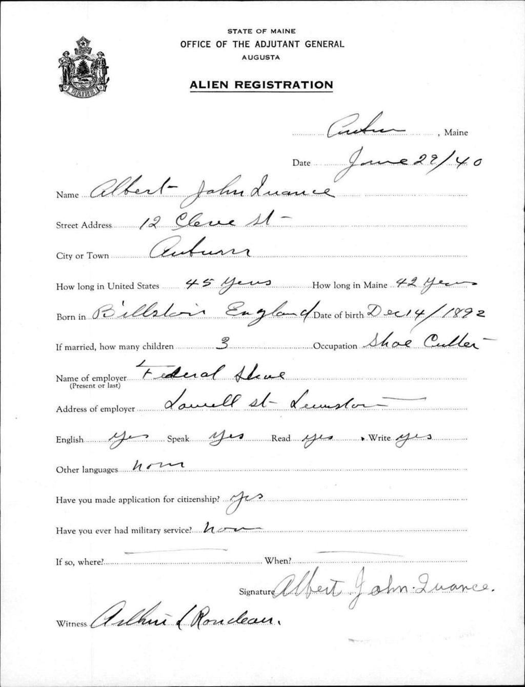 Miniature of Alien Registration- Quance, Albert J. (Auburn, Androscoggin County)