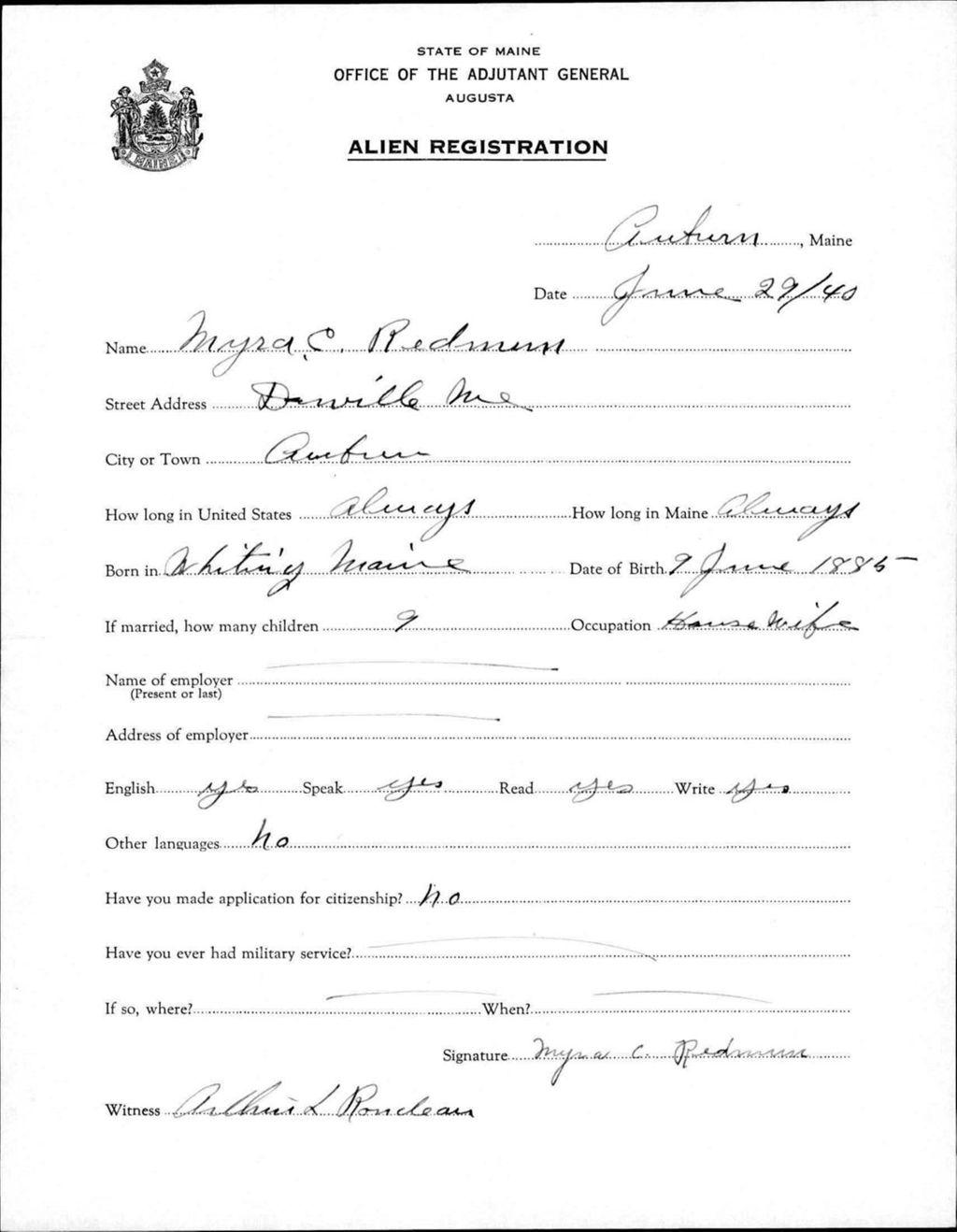 Miniature of Alien Registration- Redmann, Myra C. (Auburn, Androscoggin County)