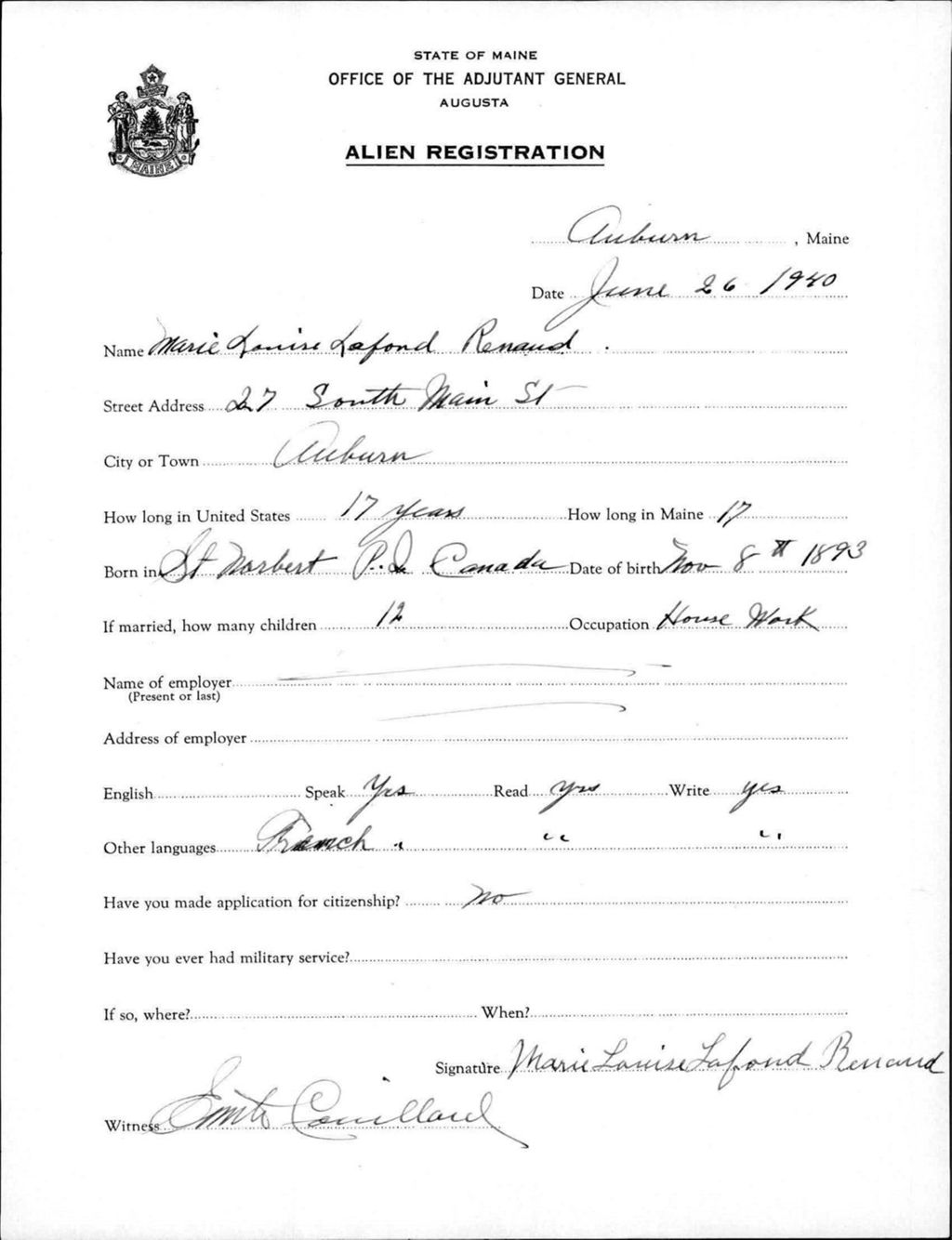 Miniature of Alien Registration- Lafond, Marie L. (Auburn, Androscoggin County)