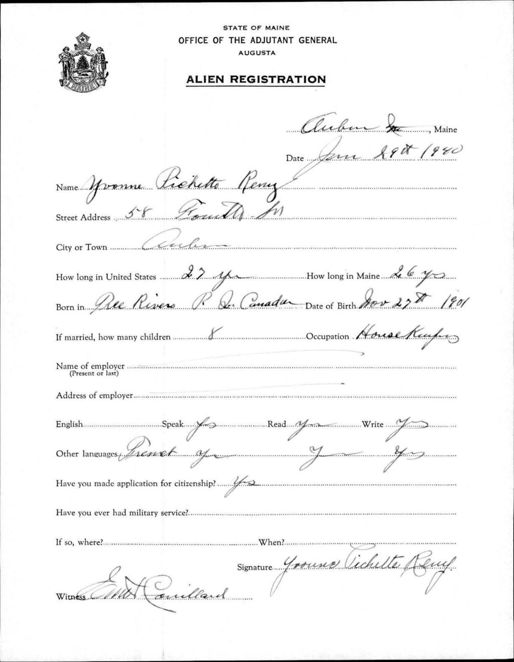 Miniature of Alien Registration- Pichette, Yvonne (Auburn, Androscoggin County)