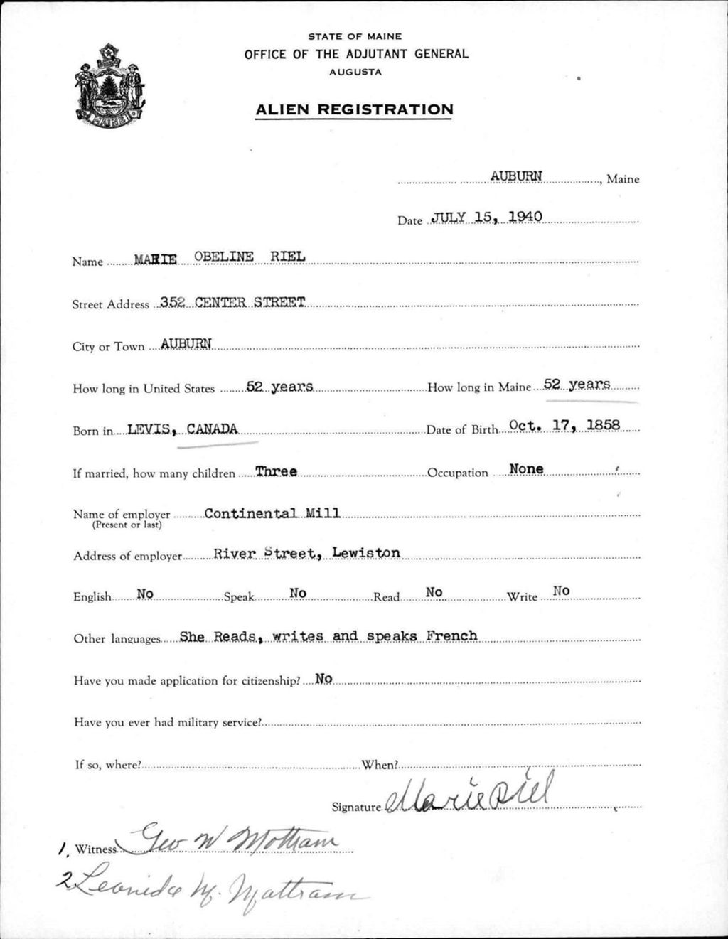 Miniature of Alien Registration- Obeline, Marie (Auburn, Androscoggin County)