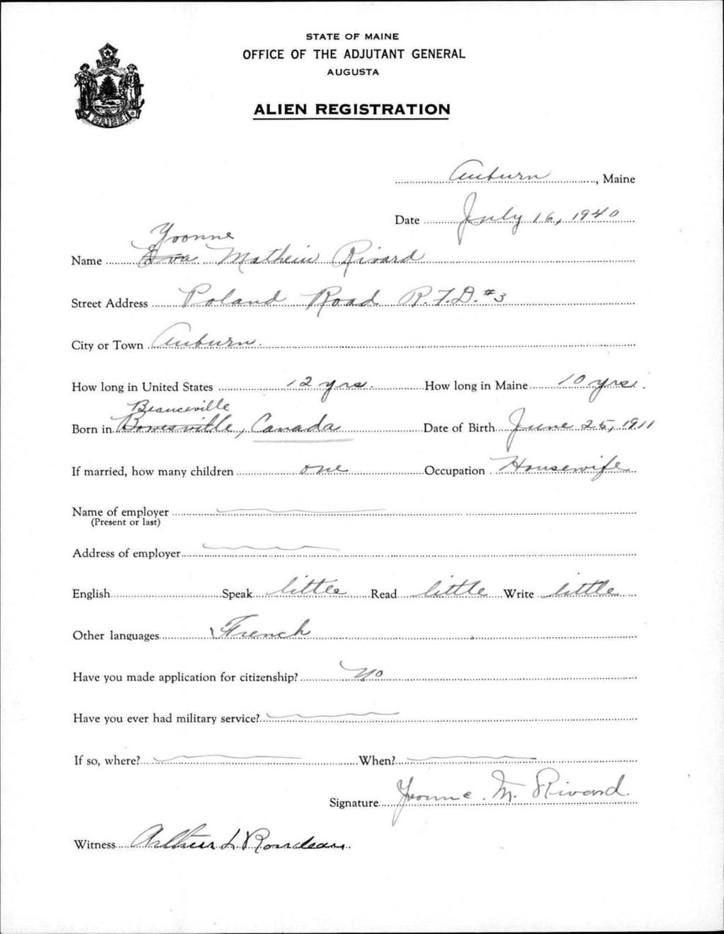 Miniature of Alien Registration- Mathieu, Yvonne (Auburn, Androscoggin County)