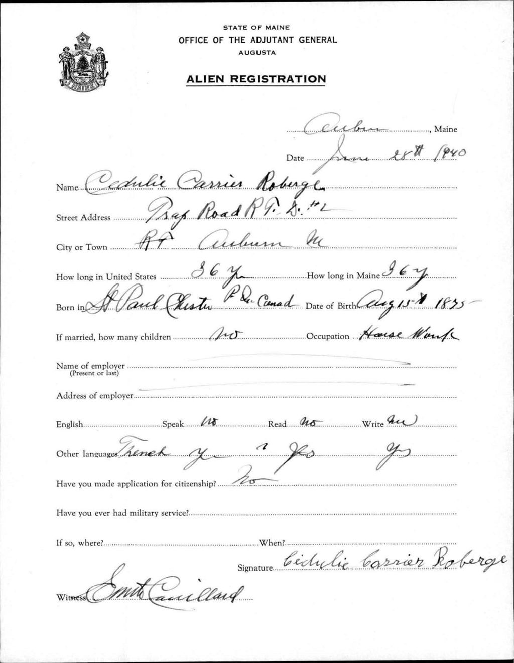 Miniature of Alien Registration- Carrier, Cedulie (Auburn, Androscoggin County)
