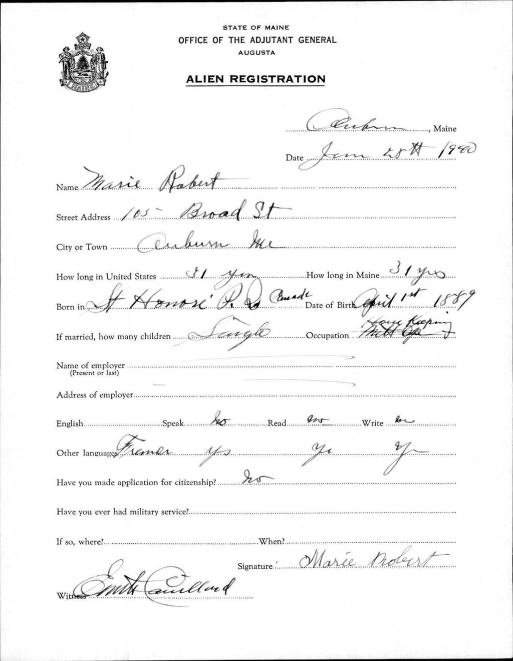 Miniature of Alien Registration- Robert, Marie (Auburn, Androscoggin County)