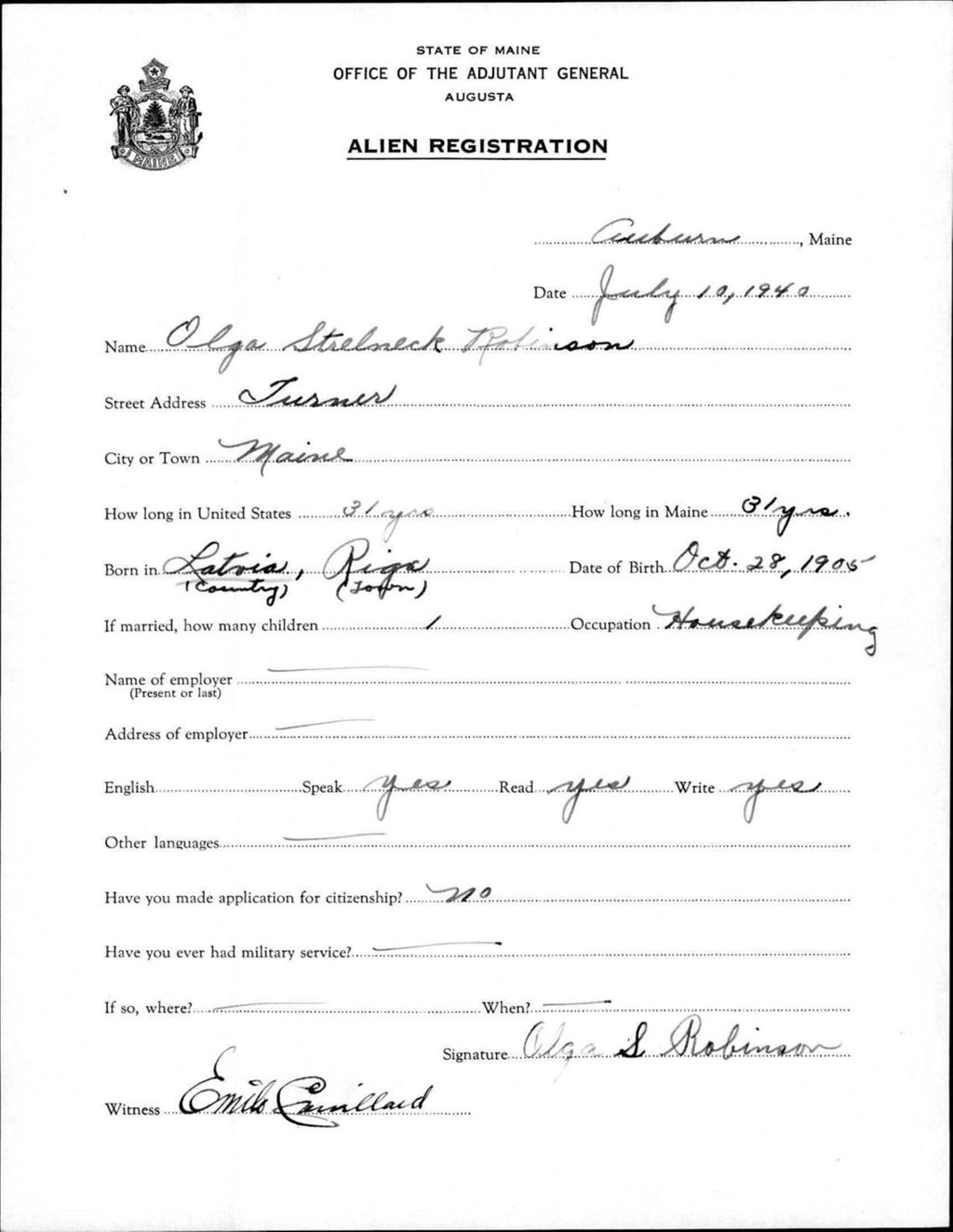 Miniature of Alien Registration- Strelneck, Olga (Auburn, Androscoggin County)