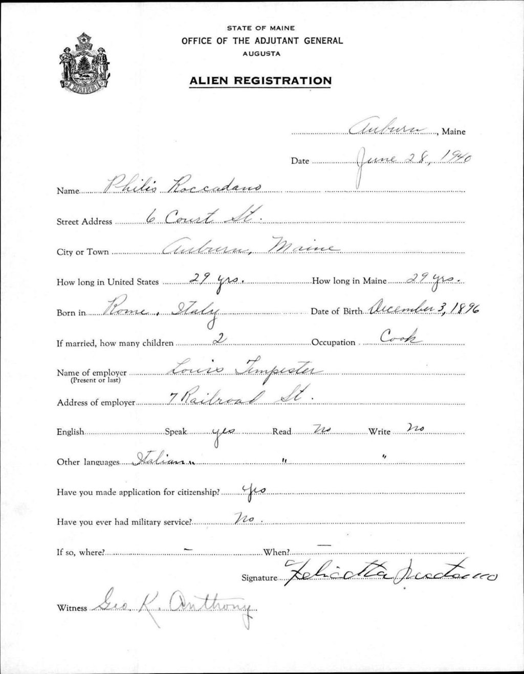 Miniature of Alien Registration- Roccadano, Philis (Auburn, Androscoggin County)