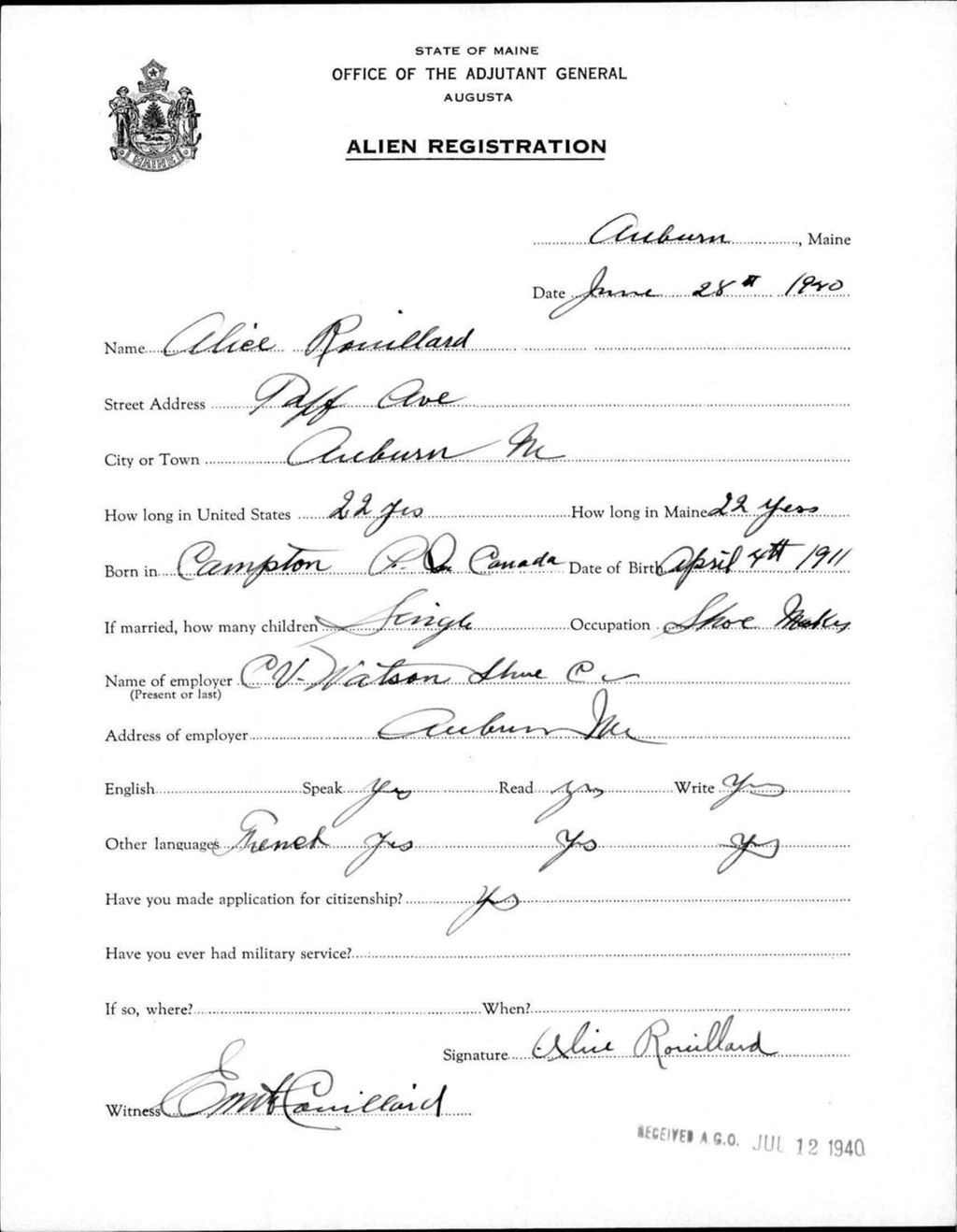 Miniature of Alien Registration- Rouillard, Alice (Auburn, Androscoggin County)
