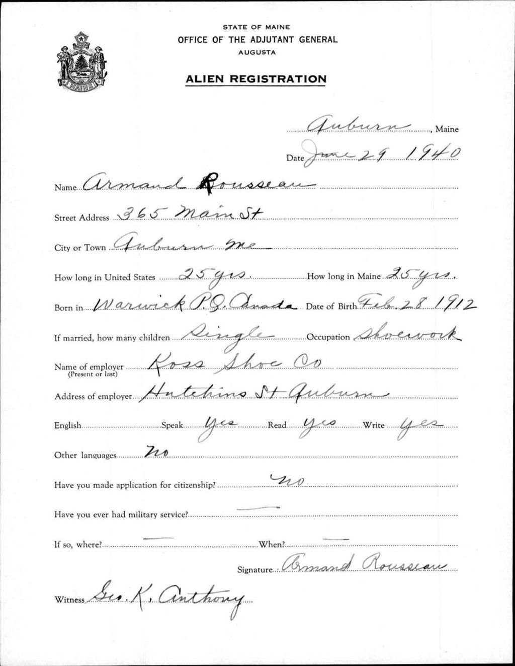 Miniature of Alien Registration- Rousseau, Armand (Auburn, Androscoggin County)